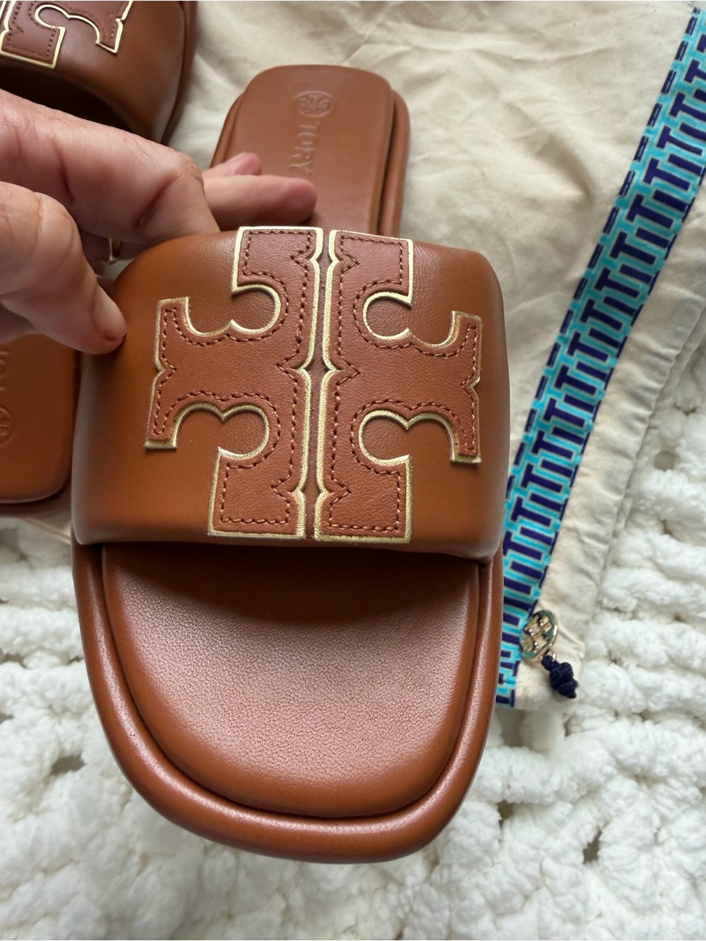 Tory Burch Brown Leather Logo Slide Sandals - Picture 4 of 7